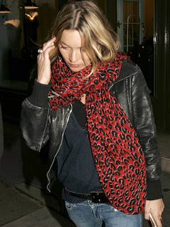 Kate Moss, Oasis black leather jacket, Asos red leopard print scarf