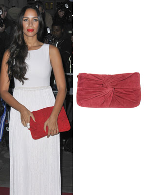 X Factor star Leona Lewis's berry red clutch