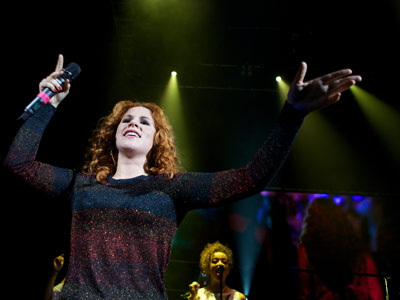 Katy B rocks bright red hair for gig at London's Shepherds Bush Empire Katy B rocks bright red hair for gig at London's Shepherds Bush Empire