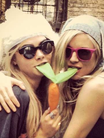 Shady ladies! Cara Delevingne and Sienna Miller share fifties fashion pictures of retro cat eye and hot pink sunglasses