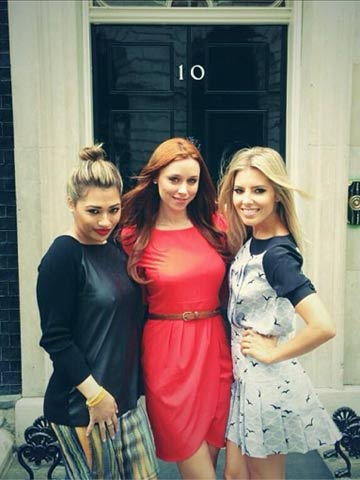 The Saturdays pop by 10 Downing Street without pregnant Frankie Sandford and new mum Rochelle Wiseman