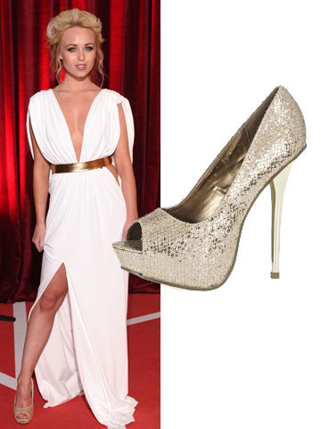Hollyoaks' Jorgie Porter teams Grecian gown with �29.99 Quiz heels for British Soap Awards 2013